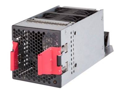Austauschbares Computer-Netzteilmodul mit schwarzem Wabendesign-Frontgitter und roten Entriegelungsgriffen auf einem silbernen Metallgehäuse.