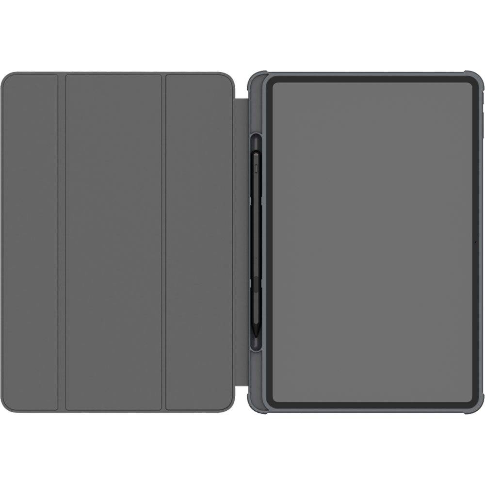 Ein offenes Tablet-Etui mit einem Stift im Inneren, auf der rechten Seite einen leeren Bildschirm zeigend und auf der linken Seite ein dreiteiliges Cover.