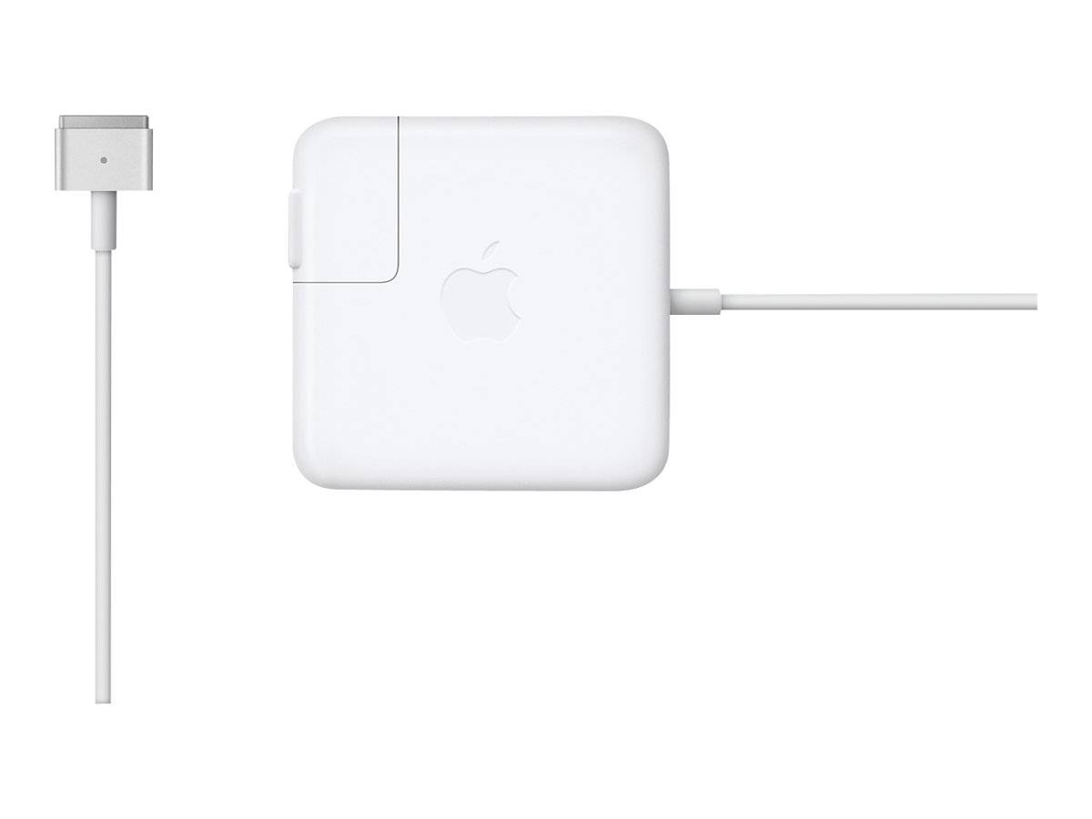Weißer Apple-Stromadapter mit abnehmbarem Verlängerungskabel, dargestellt mit angeschlossenem Kabel auf der rechten Seite und Steckverbinder auf der linken Seite.