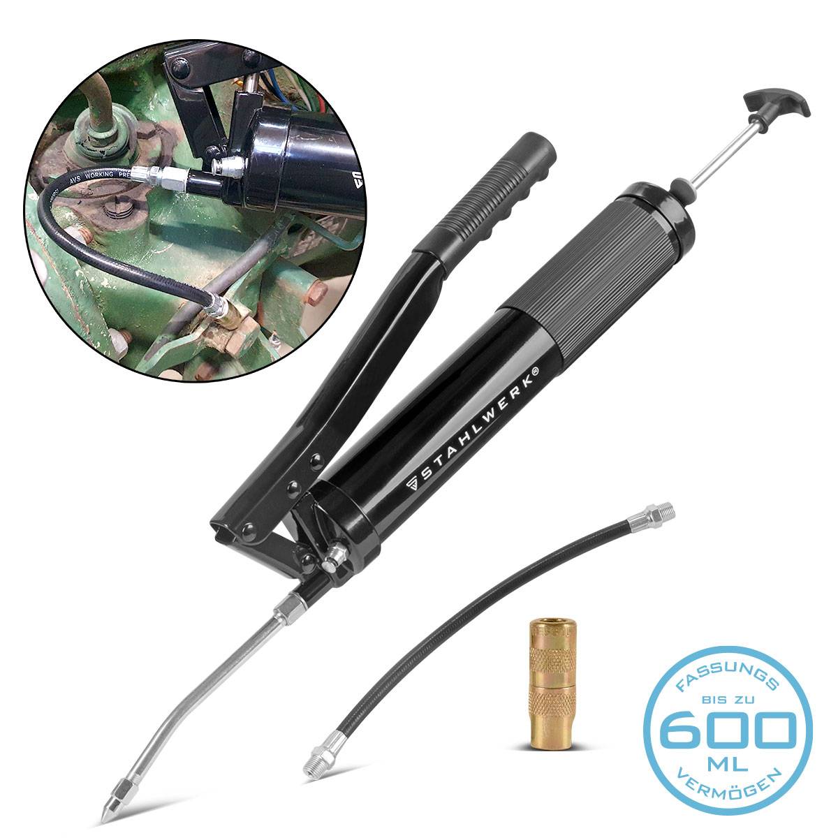 STAHLWERK Einhand-Fettpresse 600 ml 550 bar Handhebelpresse aus robustem Stahl
