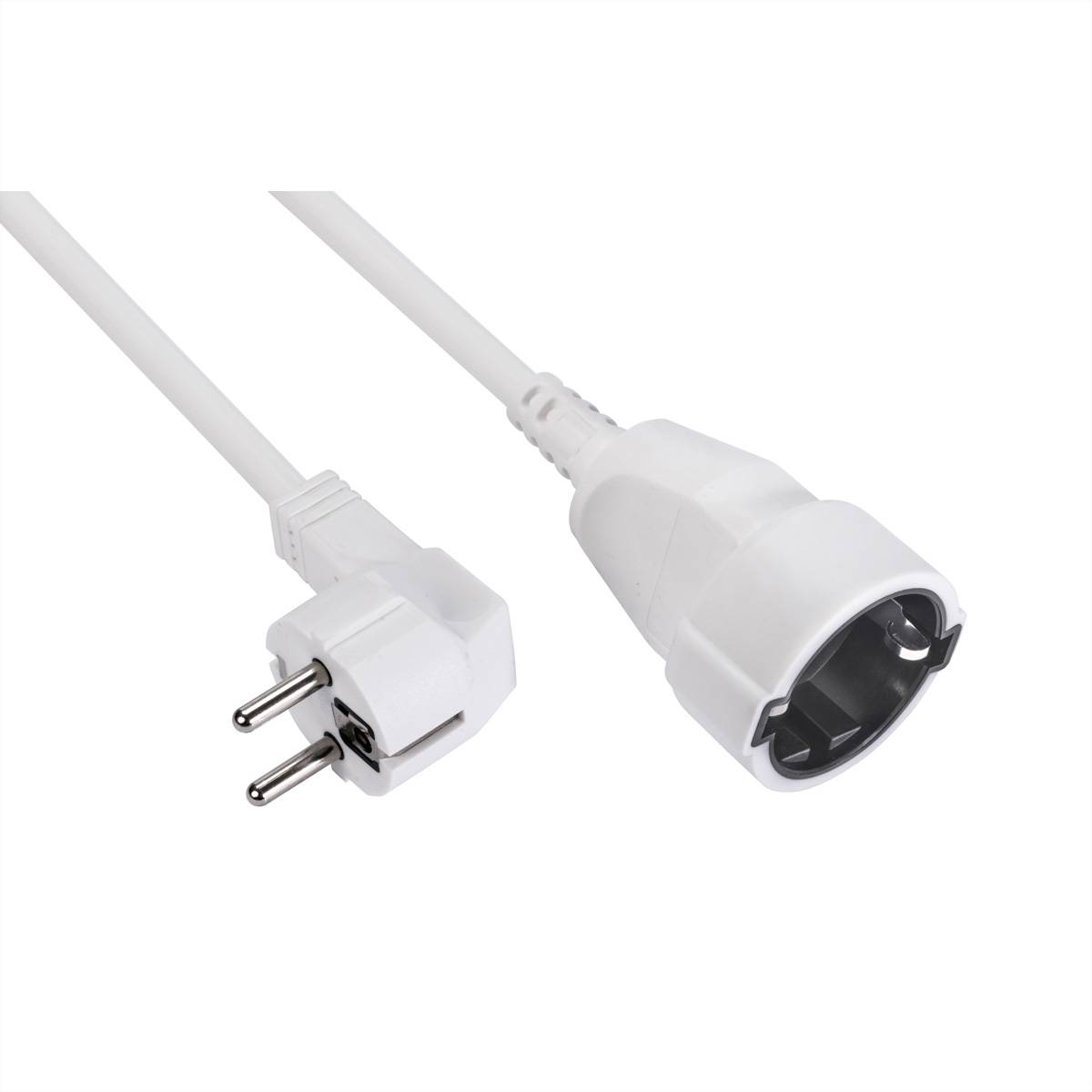 Weiße Elektroverlängerungsschnur mit europäischem zweipoligem Stecker und rundem Steckerverbinder auf weißem Hintergrund.