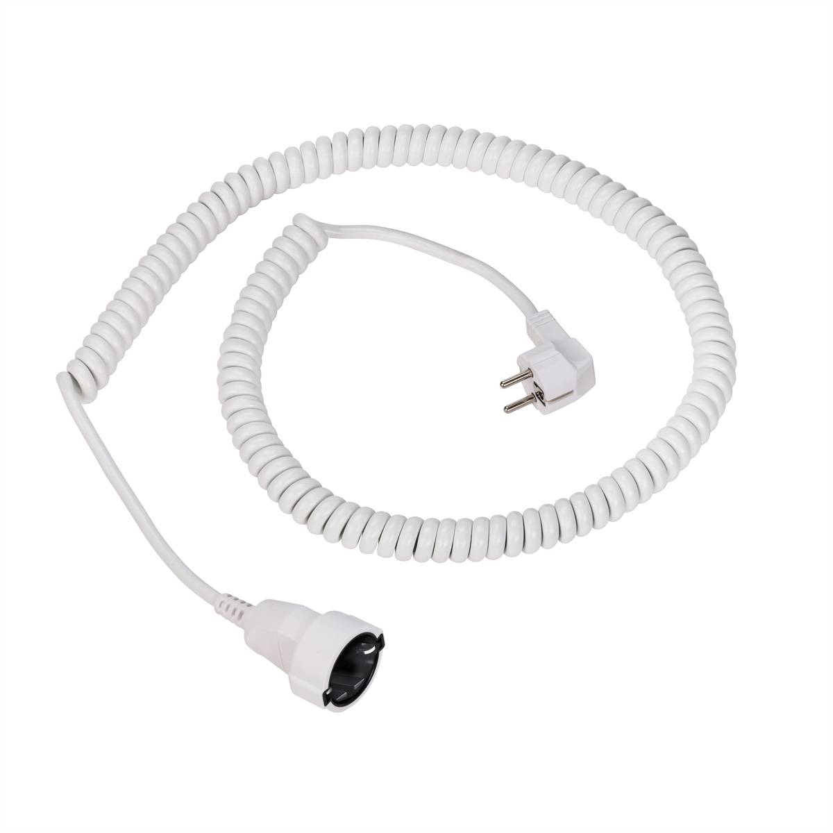 Weiße aufgerollte Stromleitung mit europäischem zweipoligem Stecker und Steckdosenadapter auf einem einfachen Hintergrund.