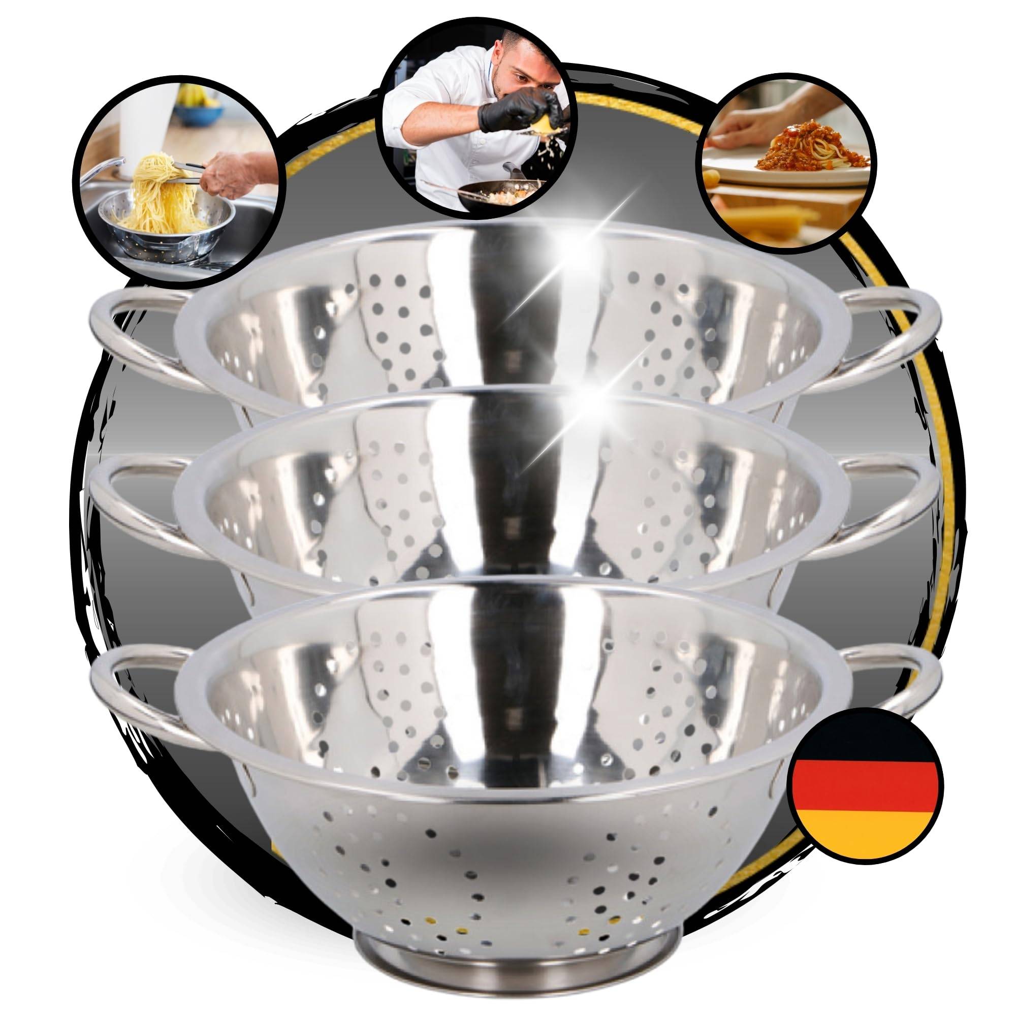3 Stück Sieb Edelstahl Küchensieb Nudelsieb Abseiher Seiher Abtropfsieb Siebkorb Abseischüssel mit Griff und Standfunktion Ständer Standseiher Abs