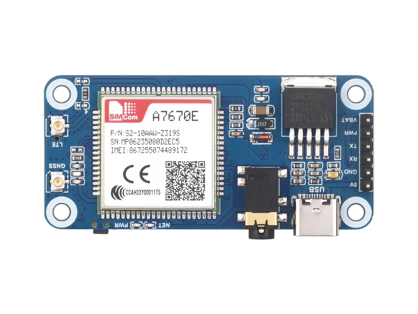 WaveShare Cat-1/GSM/GPRS/GNSS HAT for Raspberry Pi A7670E Module GNSS
