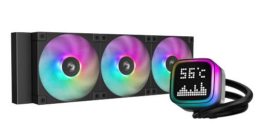 Dreifach-RGB-Flüssigkeitskühler-Radiator mit drei Lüftern und einer kleinen Pump-Anzeige, die 56°C anzeigt und ein Equalizer-ähnliches Diagramm.