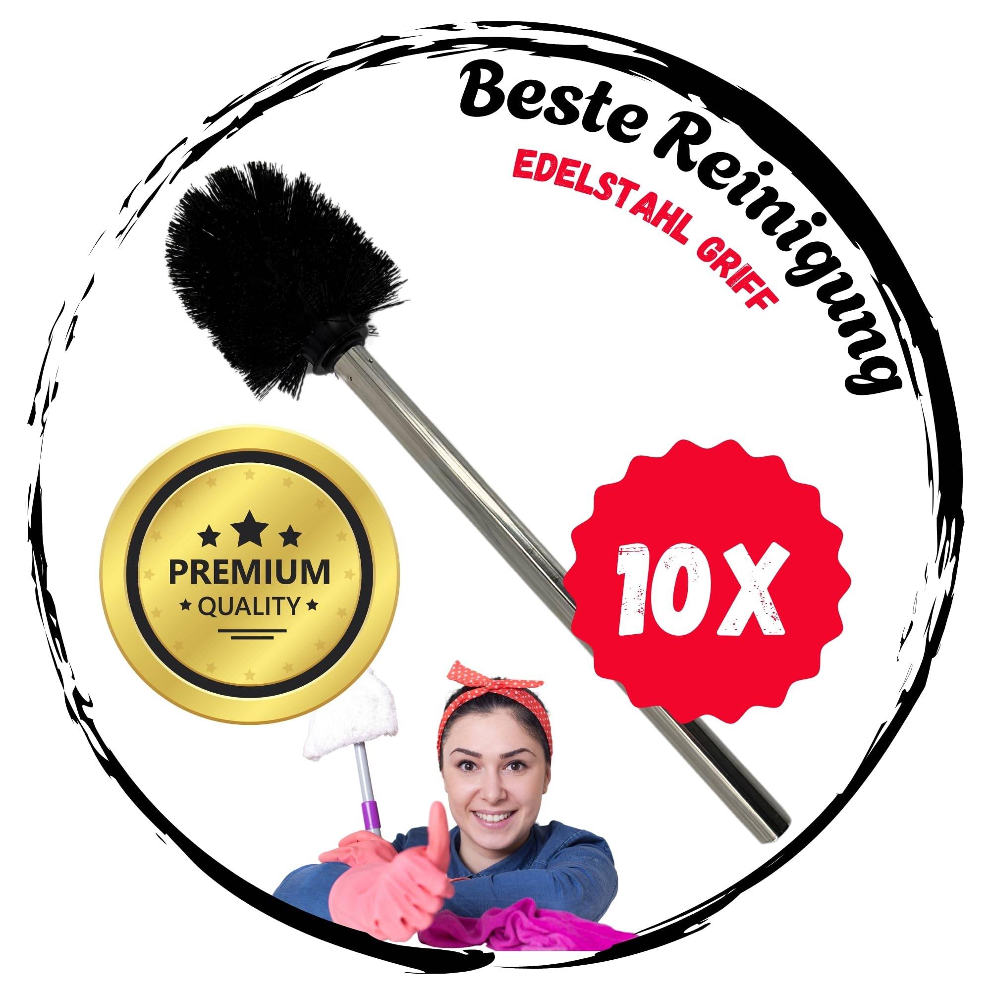 10 Stück Premium Toilettenbürste mit Edelstahl Griff mit auswechselbarem Bürstenkopf lang schwarz Silber WC Bürste Klobürste Toilettenbürsten To