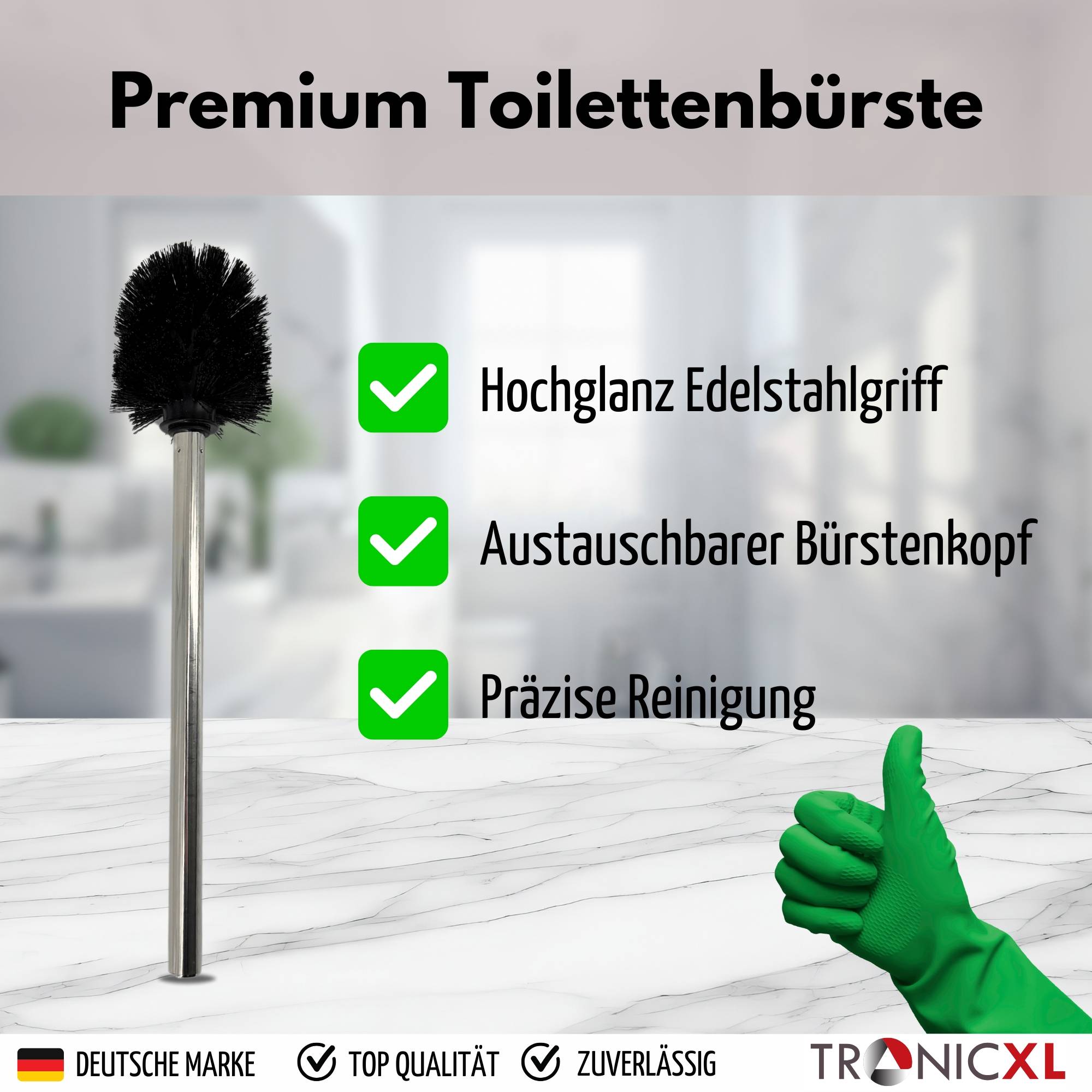 3X Premium Toilettenbürsten mit Edelstahl Griff mit auswechselbarem Bürstenkopf lang schwarz Silber WC Bürsten Klobürsten Toilettenbürste Toilett