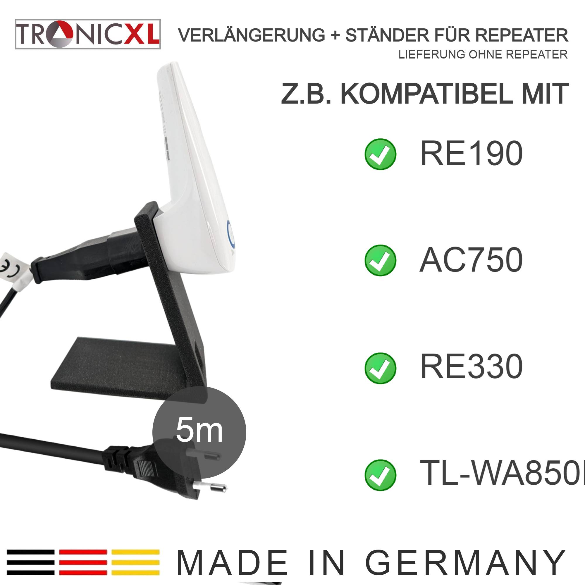 5m Verlängerung Kabel + Ständer passend für Repeater TP-Link RE190 AC750 RE330 TL-WA850RE Halterung WLan