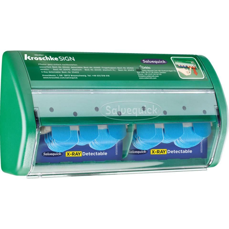 Salvequick® Pflasterspender, Wandbefestigung, gefüllt mit x-Ray detectable Strips
