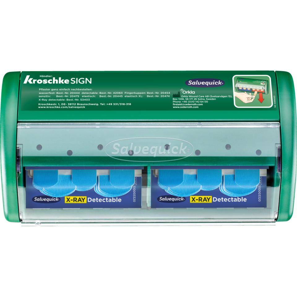 Salvequick® Pflasterspender, Wandbefestigung, gefüllt mit x-Ray detectable Strips