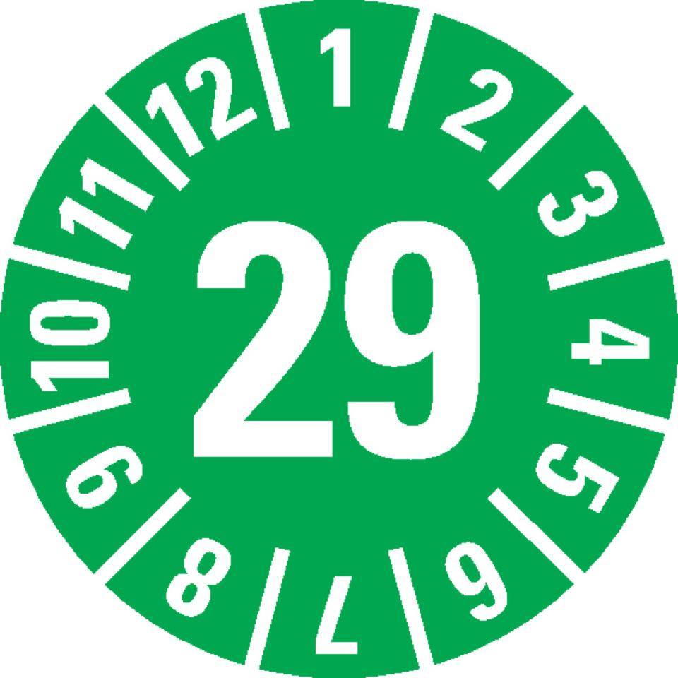 Prüfplakette 29, grün, Dokumentenfolie, selbstklebend, Ø 35mm, 60/Heft