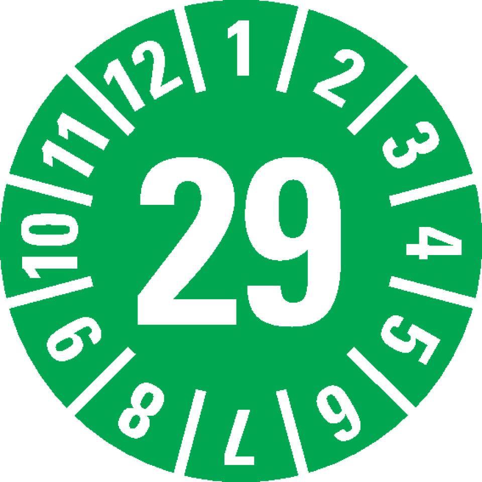 Prüfplakette 29, grün, Dokumentenfolie mit Spezialkleber, Ø 15mm, 60/Bogen