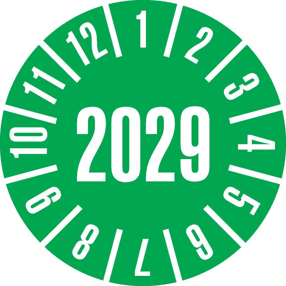 Jahresprüfplakette 2029, grün, Folie, ablösbar, Ø 30mm, 18/Bogen