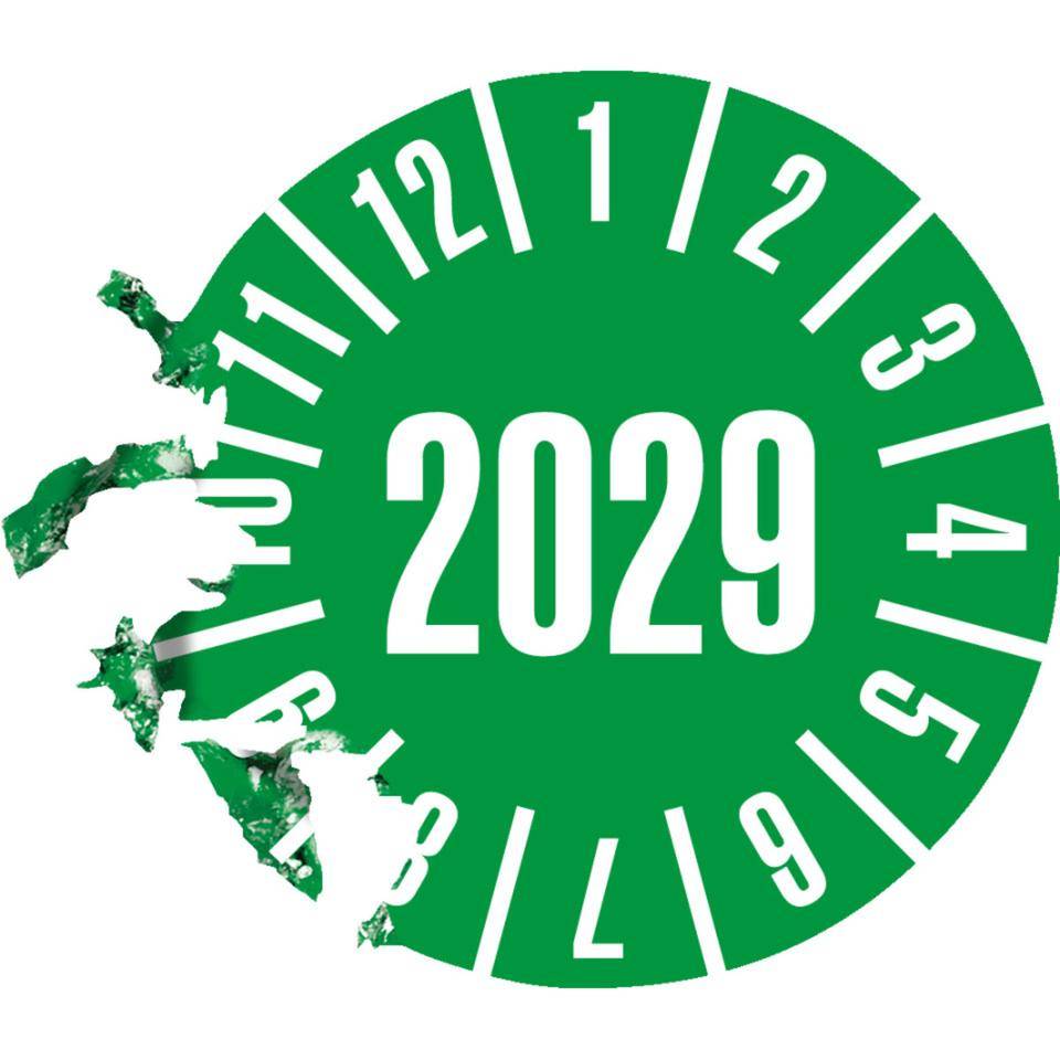 Prüfplakette 2029, grün, Dokumentenfolie, Spezialkleber, Ø 35mm,10/Bogen