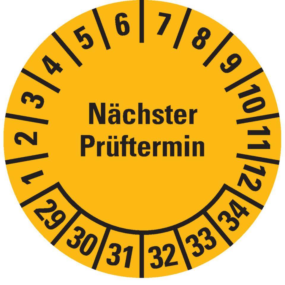 Prüfplakette Nächster Prüftermin 29-34, gelb, Dokumentenfolie, Spezialkleber, Ø 30mm, 18/Bogen