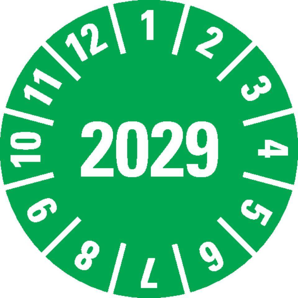 Jahresprüfplakette 2029, grün, Dokumentenfolie, Ø 10mm, 1000/Rolle