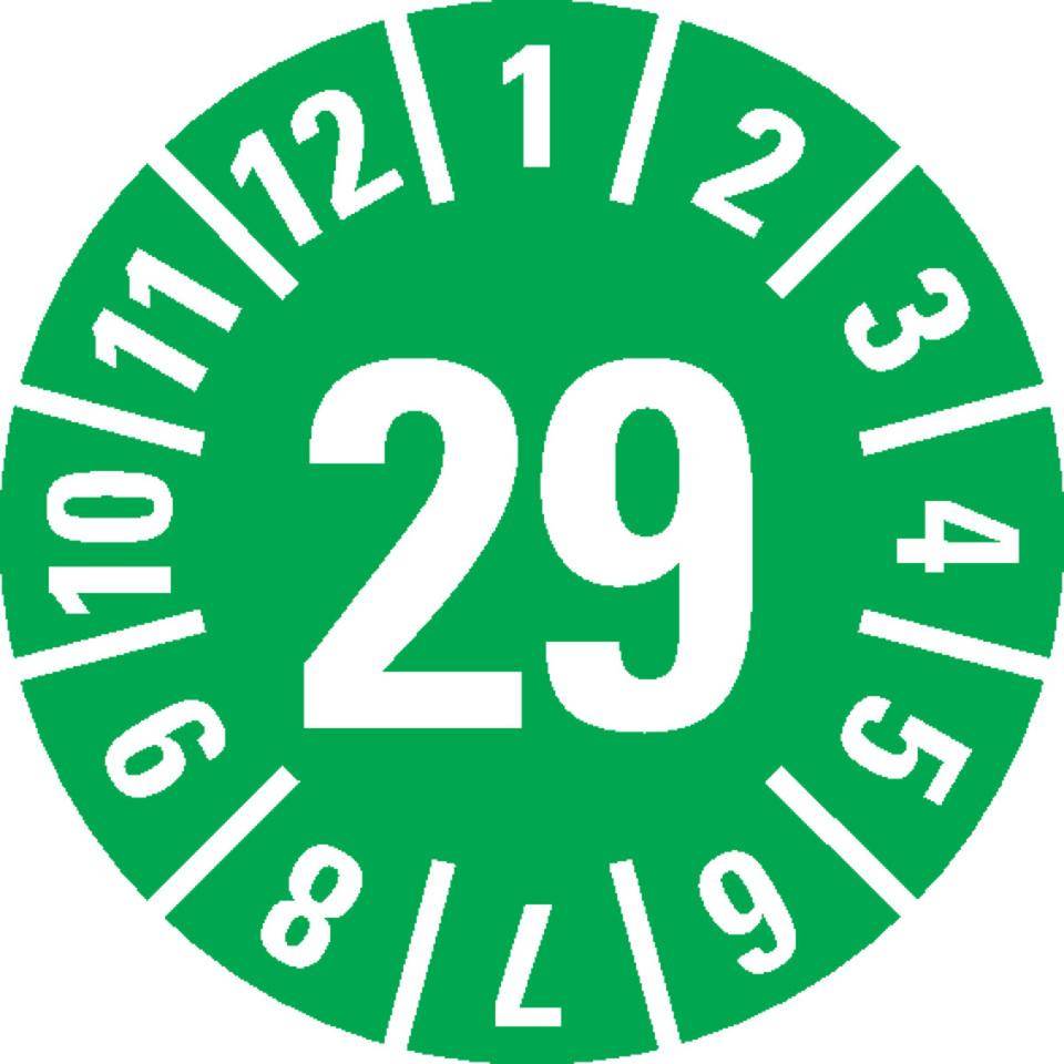 Prüfplakette 29, grün, Schachbrettfolie, selbstklebend, Ø 30mm, 18/Bogen