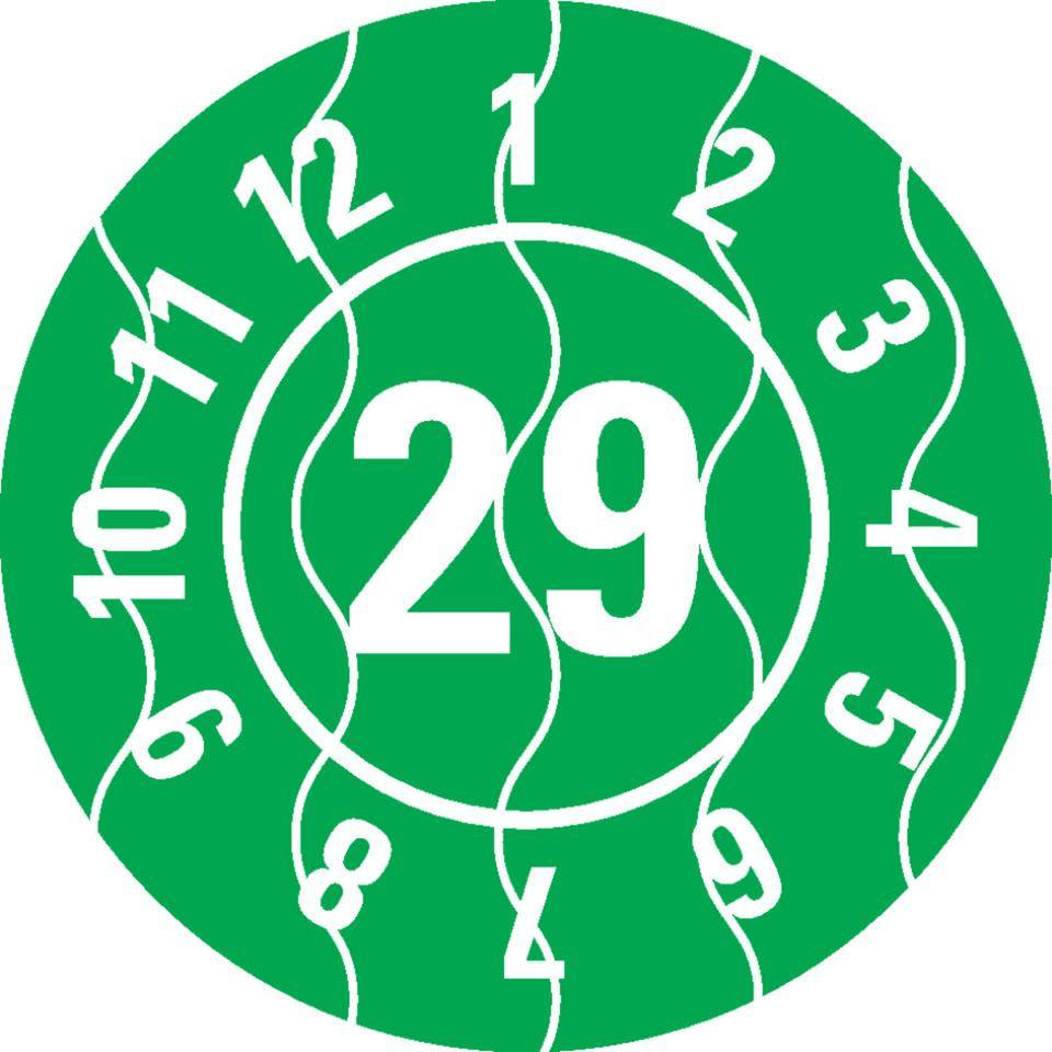 Prüfplakette 29, grün, Sicherheitsfolie, selbstklebend, Ø 25mm, 21/Bogen