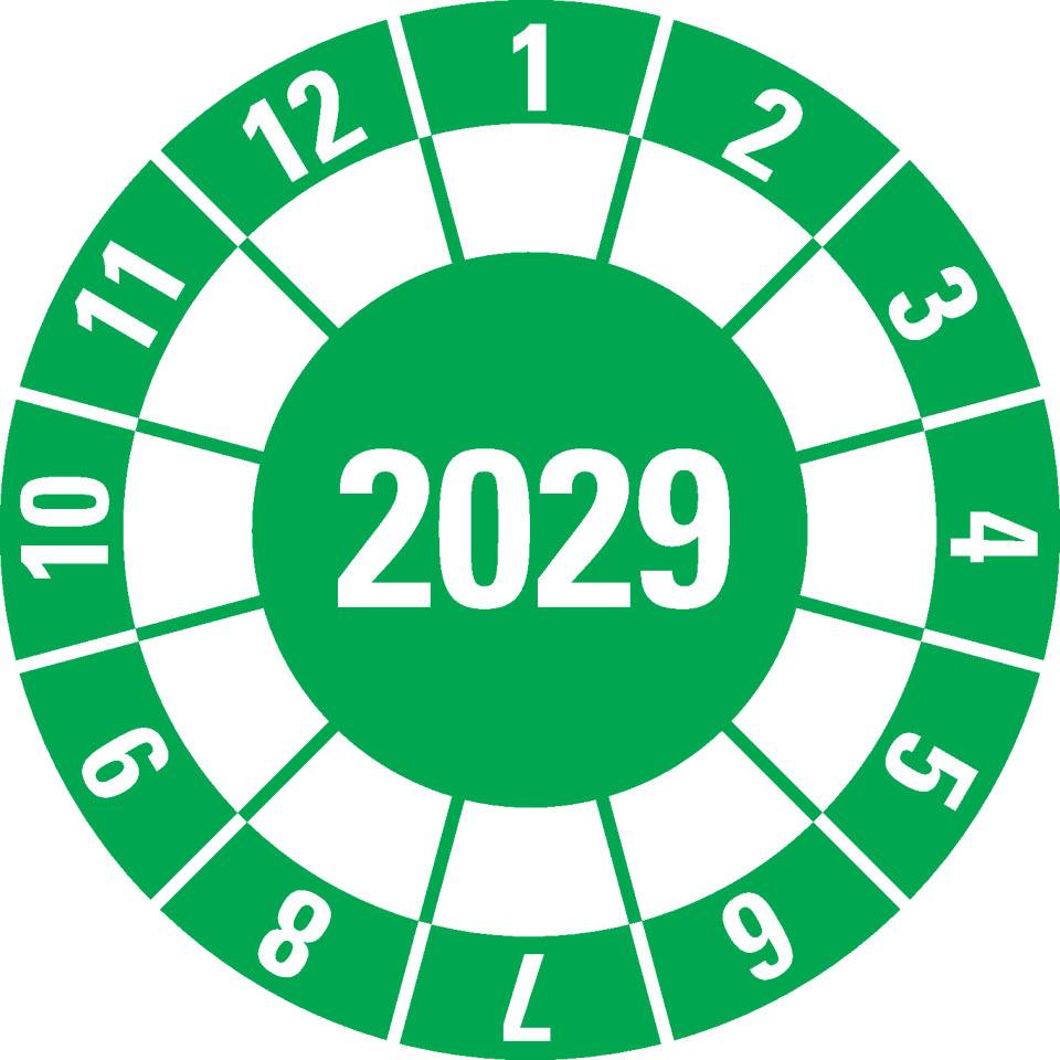 Prüfplakette 2029, grün, Dokumentenfolie, selbstklebend, Ø40mm, 10/Bogen