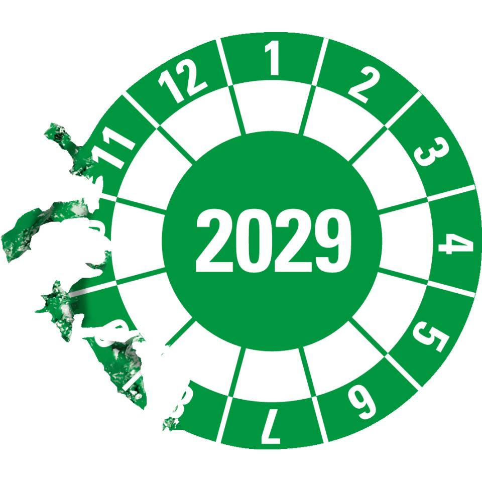 Prüfplakette 2029, grün, Dokumentenfolie, selbstklebend, Ø40mm, 10/Bogen