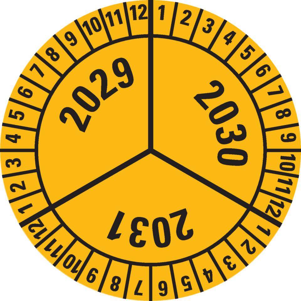 Prüfplakette 2029-2031, gelb, Dokumentenfolie, selbstklebend, Ø 40mm, 10/Bogen