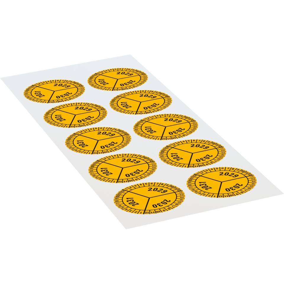 Prüfplakette 2029-2031, gelb, Dokumentenfolie, selbstklebend, Ø 40mm, 10/Bogen