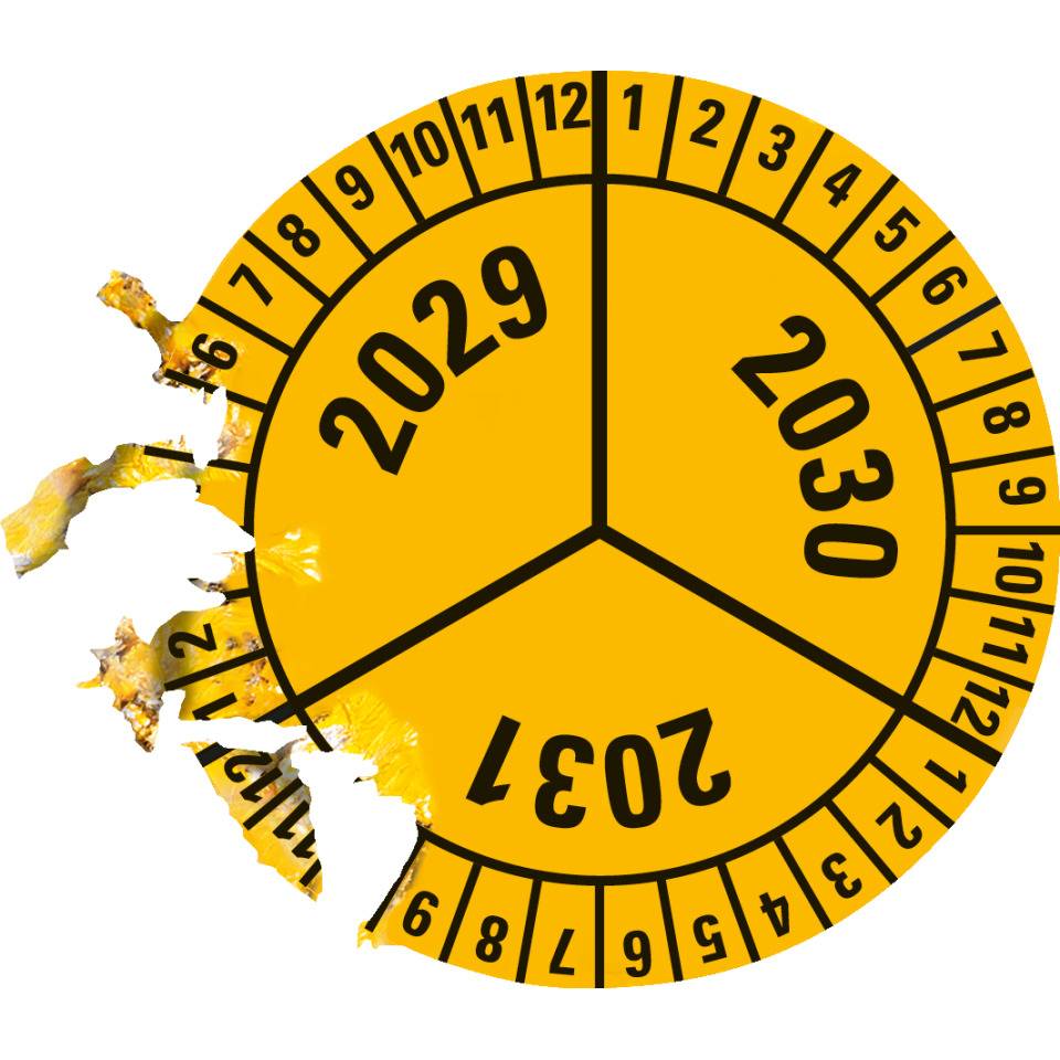 Prüfplakette 2029-2031, gelb, Dokumentenfolie, selbstklebend, Ø 40mm, 10/Bogen