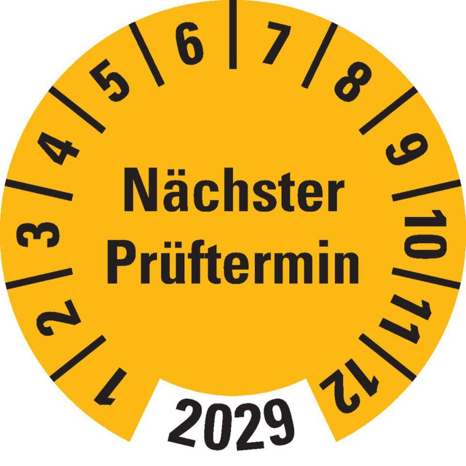 Prüfplakette Nächster Prüftermin 2029, gelb, Dokumentenfolie, Ø 30mm, 18/Bogen