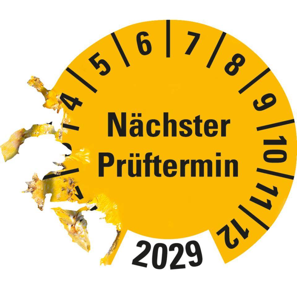 Prüfplakette Nächster Prüftermin 2029, gelb, Dokumentenfolie, Ø 30mm, 18/Bogen