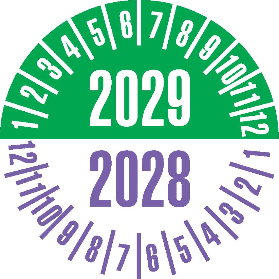Prüfplakette 2029/2028, grün/violett, Dokumentenfolie, Ø 25mm, 21/Bogen