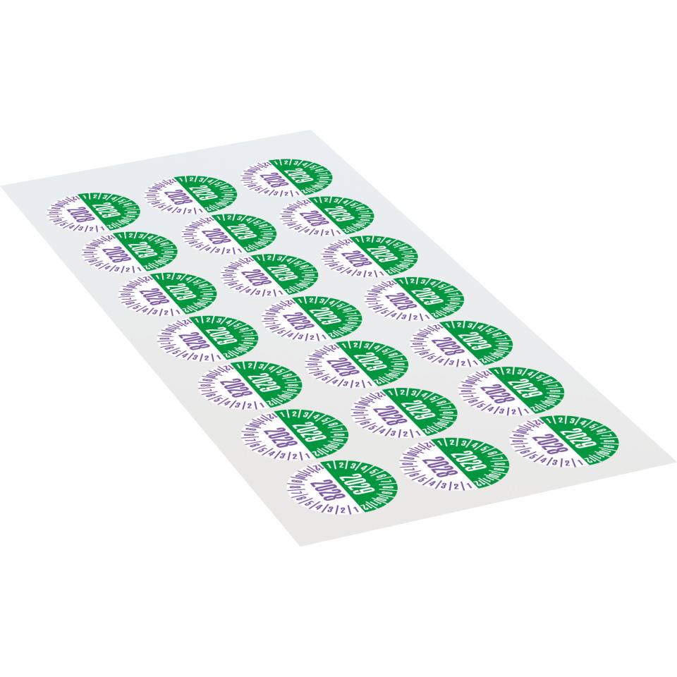 Prüfplakette 2029/2028, grün/violett, Dokumentenfolie, Ø 25mm, 21/Bogen
