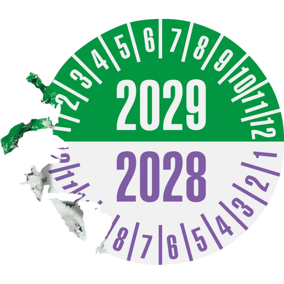 Prüfplakette 2029/2028, grün/violett, Dokumentenfolie, Ø 25mm, 21/Bogen