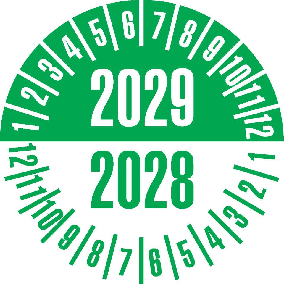 Prüfplakette 2029/2028, weiß/grün, Dokumentenfolie, selbstklebend, Ø35mm, 10/Bogen