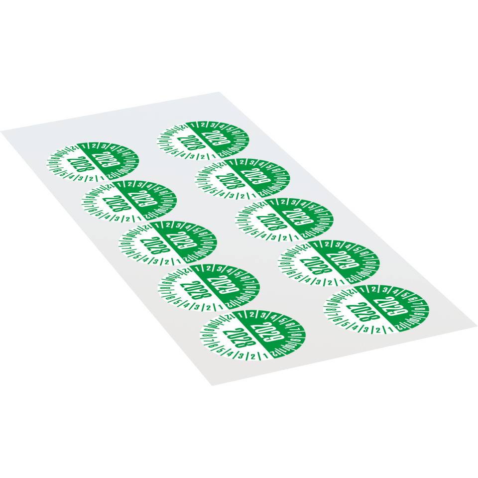 Prüfplakette 2029/2028, weiß/grün, Dokumentenfolie, selbstklebend, Ø35mm, 10/Bogen