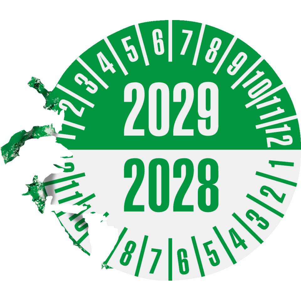 Prüfplakette 2029/2028, weiß/grün, Dokumentenfolie, selbstklebend, Ø35mm, 10/Bogen