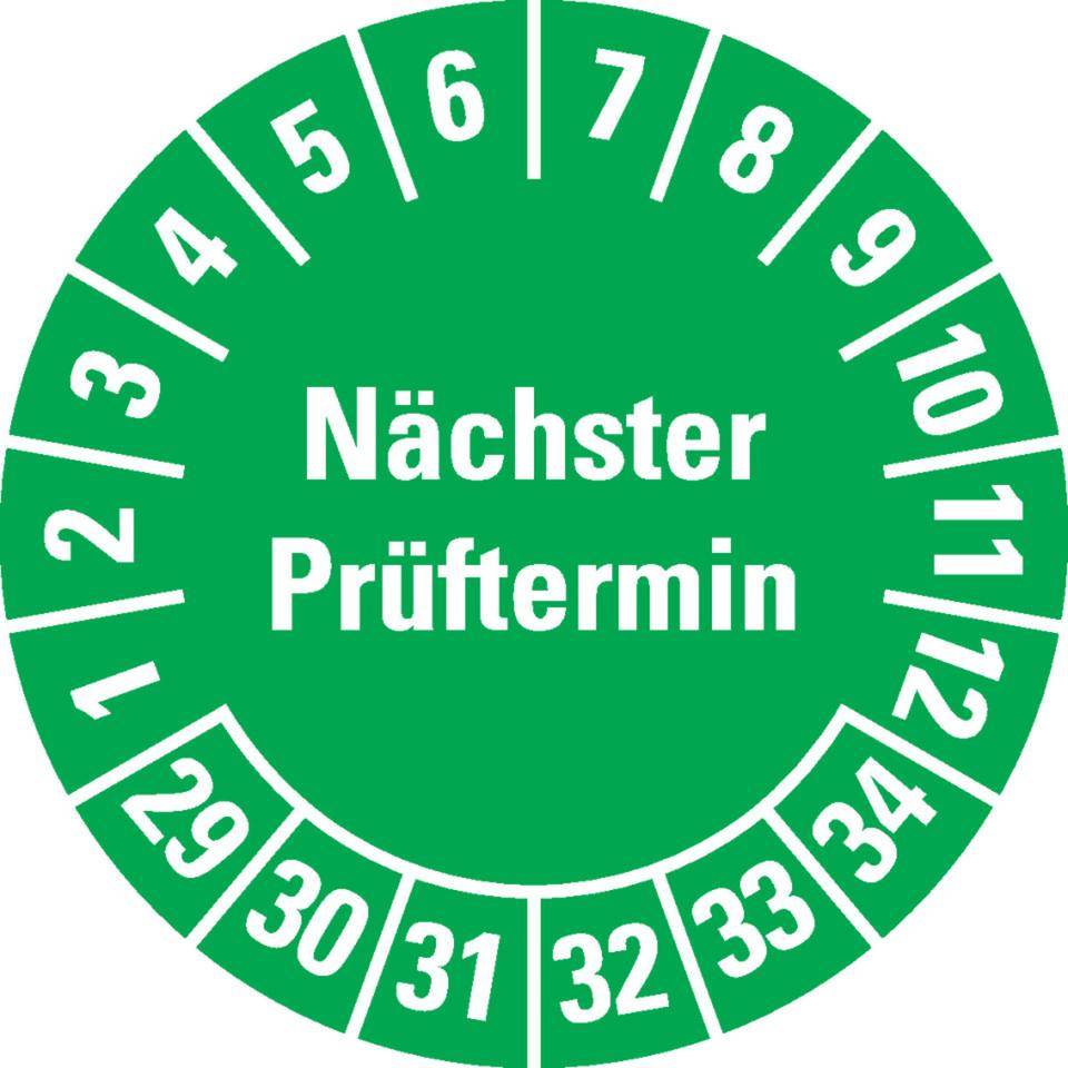 Prüfplakette Nächster Prüftermin, 29-34, grün, Dokumentenfolie, Ø 20mm, 500/Rolle