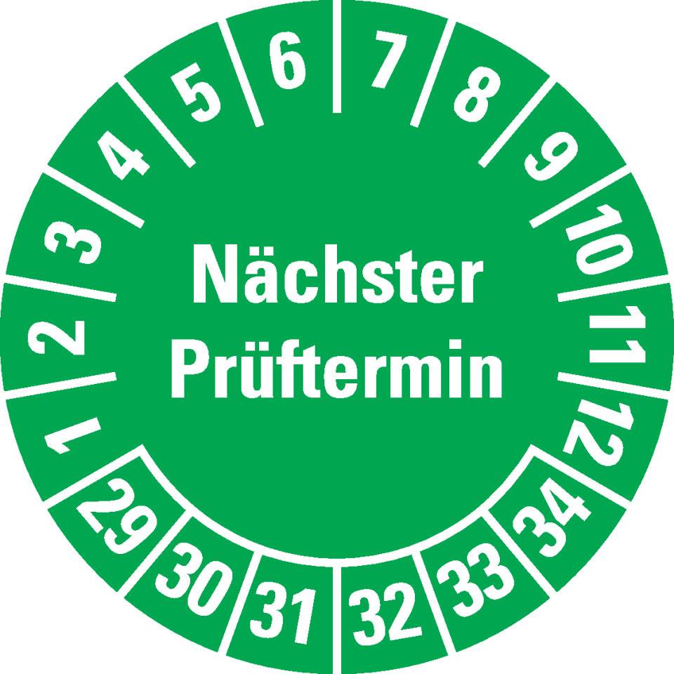 Prüfplakette Nächster Prüftermin, 29-34, grün, Folie, ablösbar, Ø20mm, 36/Bogen