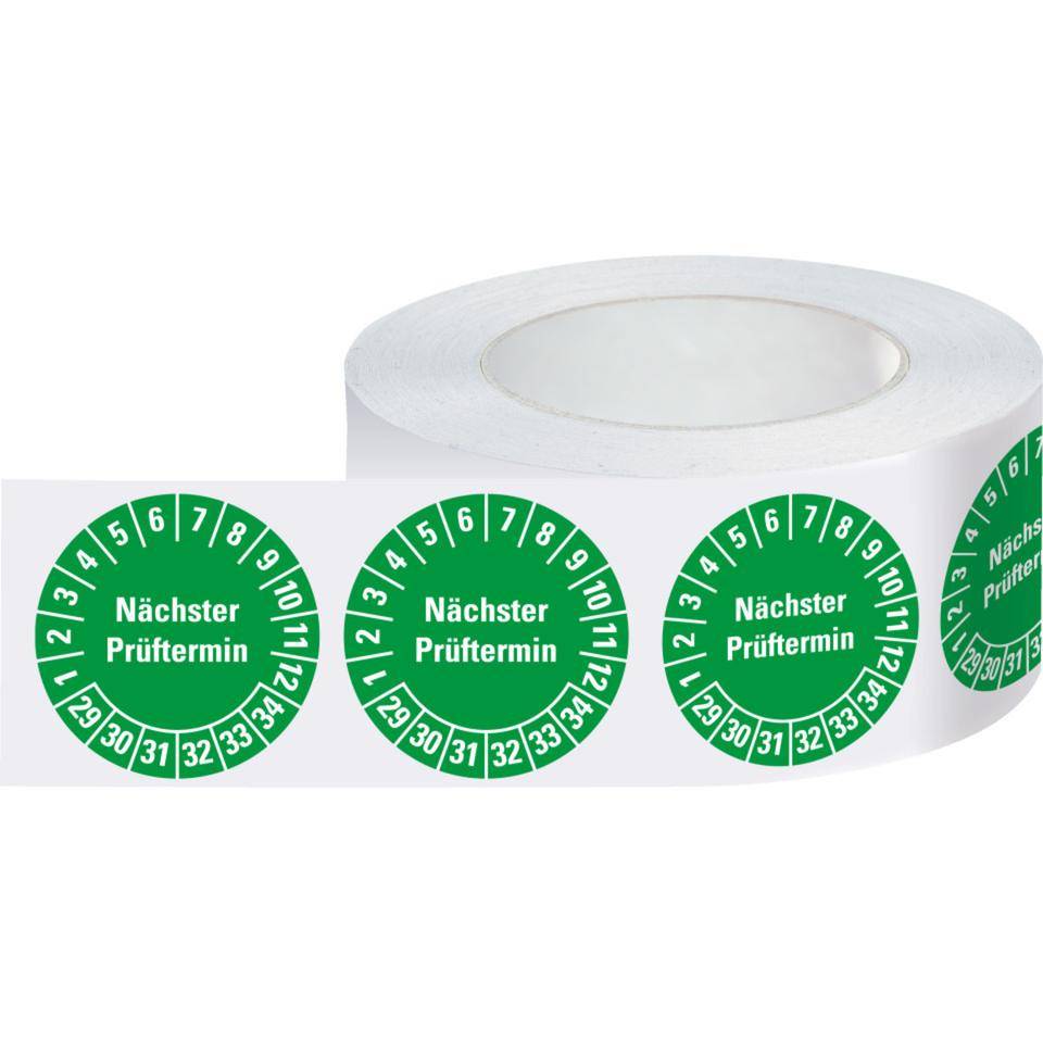 Prüfplakette Nächster Prüftermin, 29-34, grün, Dokumentenfolie, Ø 30mm, 500/Rolle