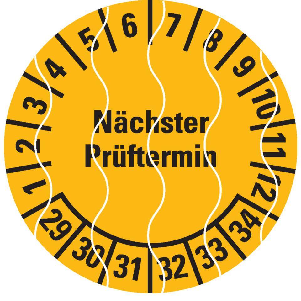 Prüfplakette Nächster Prüftermin 29-34, gelb, Sicherheitsfolie, Ø 20mm, 36/Bogen