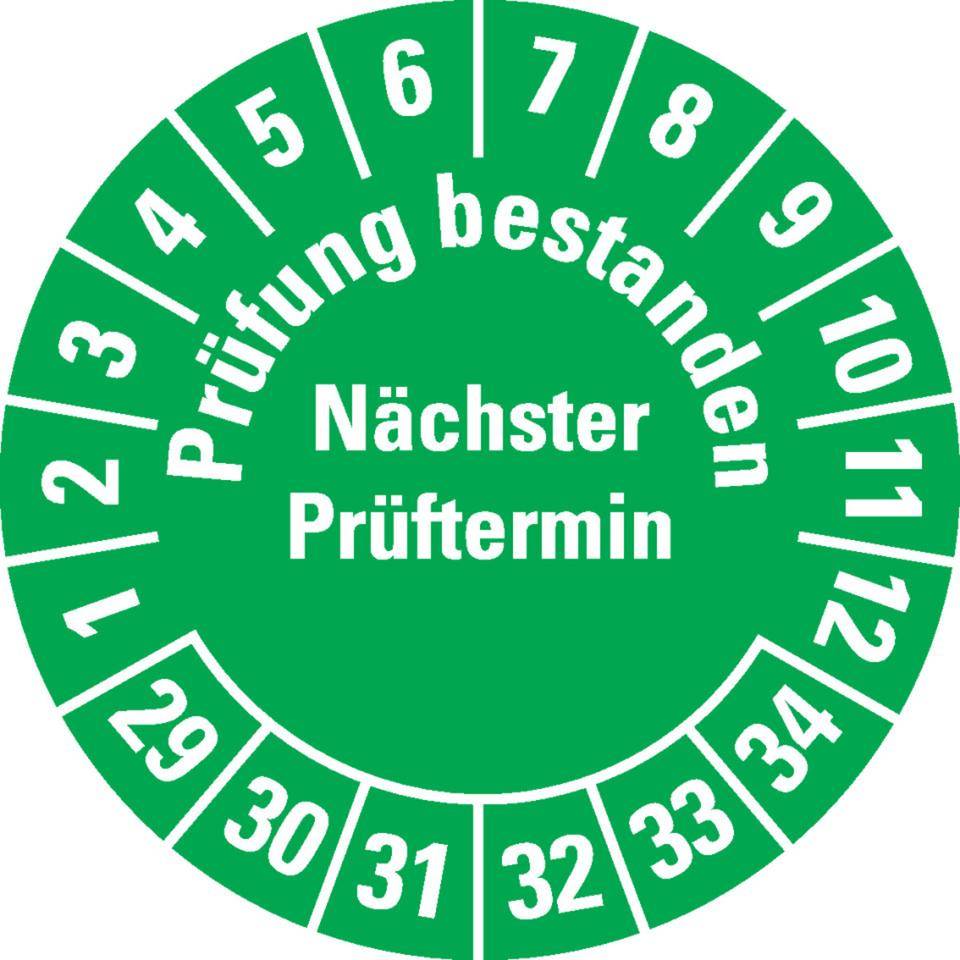 Prüfplakette Prüfung bestanden Nächster Prüftermin 29-34, grün, Dokumentenfolie, Ø 30mm, 18/Bogen