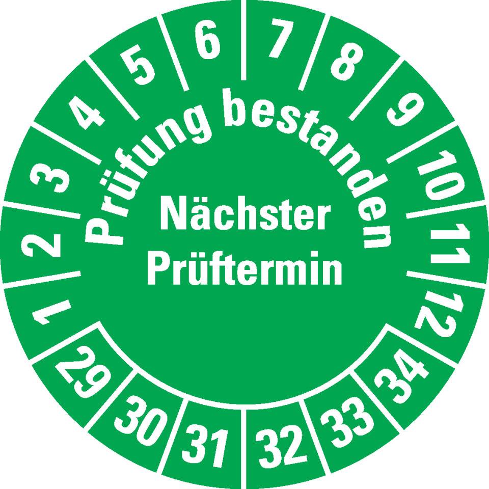Prüfplakette Prüfung bestanden Nächster Prüftermin 29-34, grün, Dokumentenfolie, Ø30mm, 500/Rolle