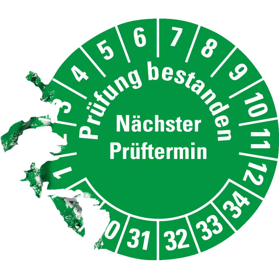 Prüfplakette Prüfung bestanden Nächster Prüftermin 29-34, grün, Dokumentenfolie, Ø30mm, 500/Rolle