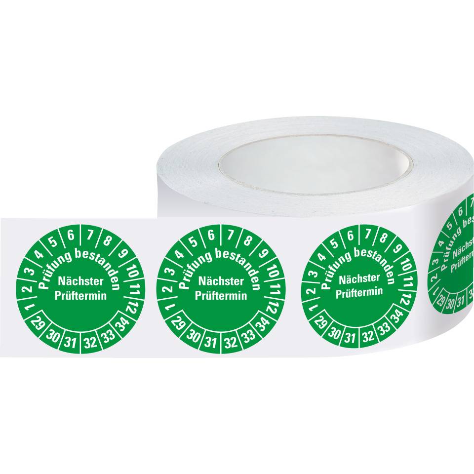 Prüfplakette Prüfung bestanden Nächster Prüftermin 29-34, grün, Dokumentenfolie, Ø30mm, 500/Rolle