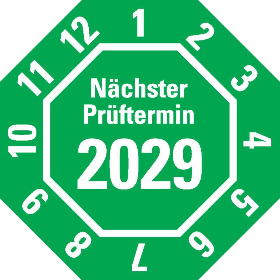 Prüfplakette Nächster Prüftermin 2029, 8-eckig, grün, Dokumentenfolie, 30x30mm, 18/Bogen