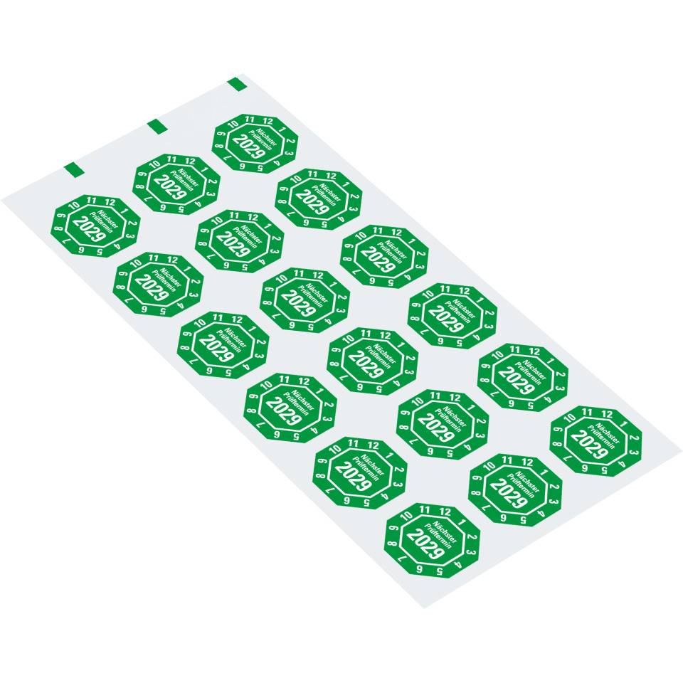 Prüfplakette Nächster Prüftermin 2029, 8-eckig, grün, Dokumentenfolie, 30x30mm, 18/Bogen