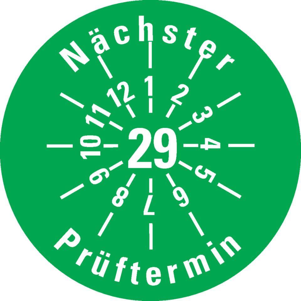 Prüfplakette Nächster Prüftermin 29, grün, Dokumentenfolie, Ø 30mm, 18/Bogen