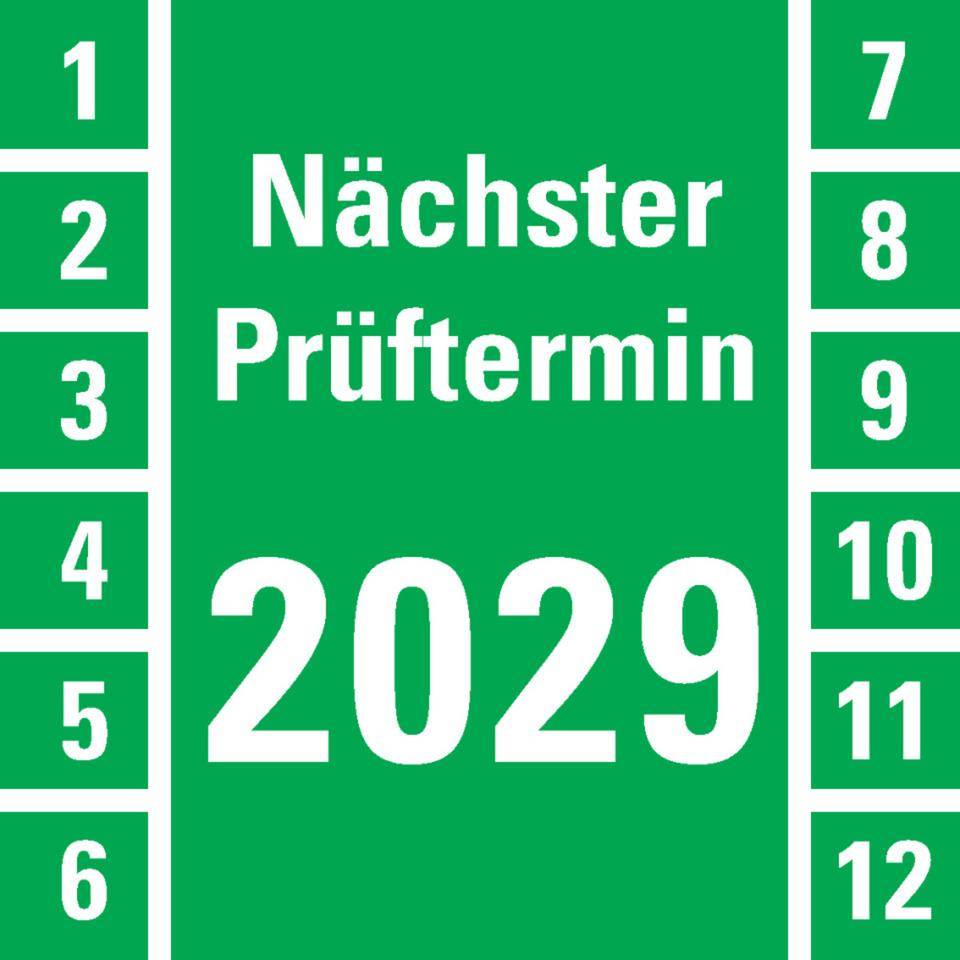 Prüfplakette Nächster Prüftermin 2029, grün, Dokumentenfolie, 30x30mm, 18/Bogen