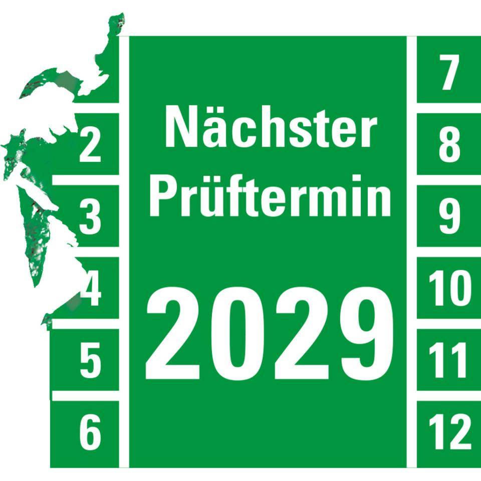 Prüfplakette Nächster Prüftermin 2029, grün, Dokumentenfolie, 30x30mm, 18/Bogen