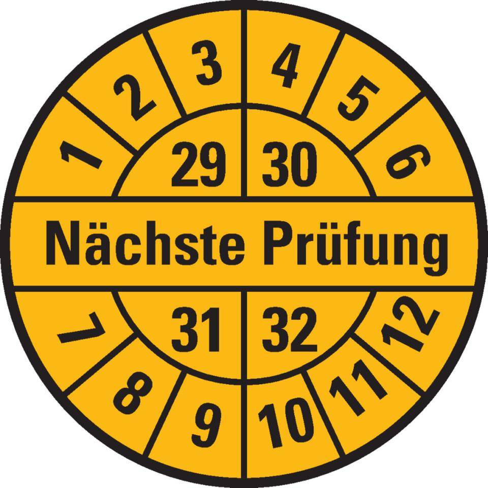 Prüfplakette Nächste Prüfung 29-32, gelb, Dokumentenfolie, Ø 30mm, 18/Bogen
