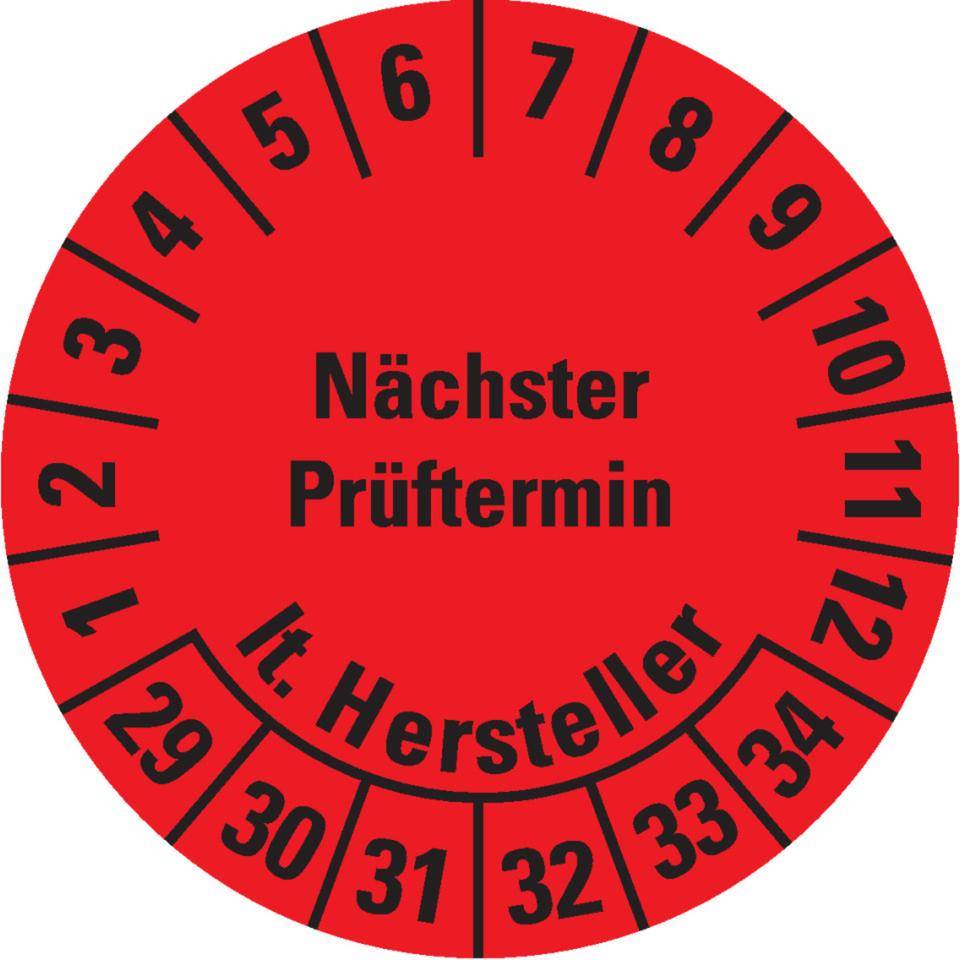 Prüfplakette Nächster Prüftermin lt.Hersteller, 29-34, rot, Dokumentenfolie, Ø30mm, 18/Bogen